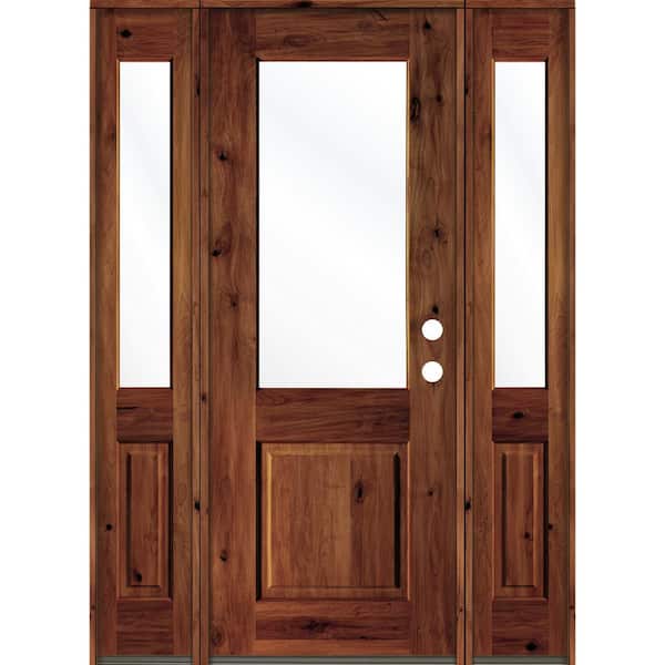 Krosswood Doors 64 in. x 96 in. Rustic Alder Wood Clear Half-Lite Red Chestnut Stain Left Hand Single Prehung Front Door/Sidelites