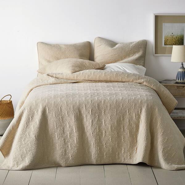 The Company Store Trevor Washed Velvet Sand Solid Cotton Queen Coverlet