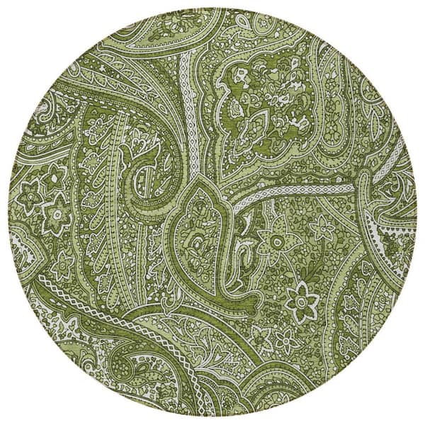 Artichoke Green, Olive Green 8 ft. Round Woven Paisley Polyester Round Indoor/Outdoor Area Rug