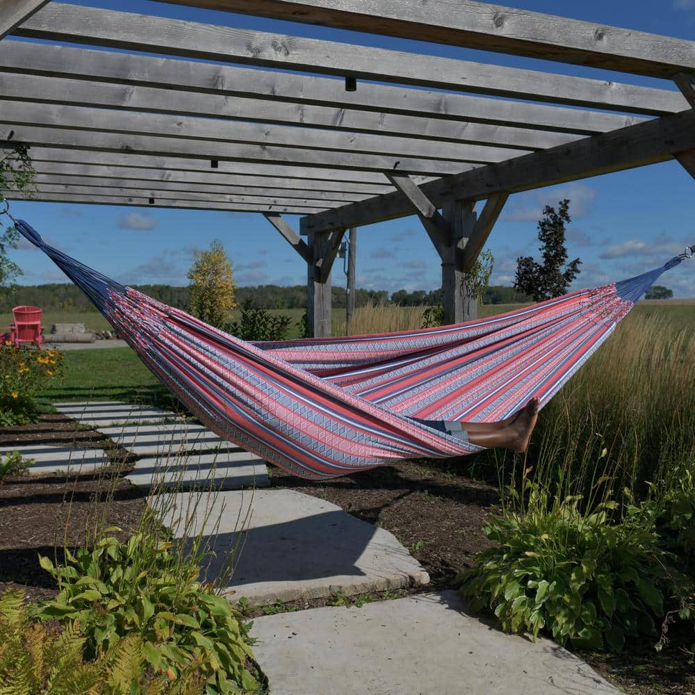 Latin Double Cotton Hammock in Vibrant Red and Blue Stripes