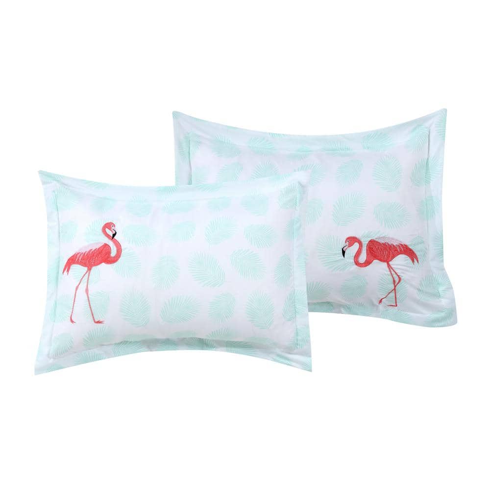Mint Flamingo Embroidered 7-Piece Queen Microfiber Bedding Set