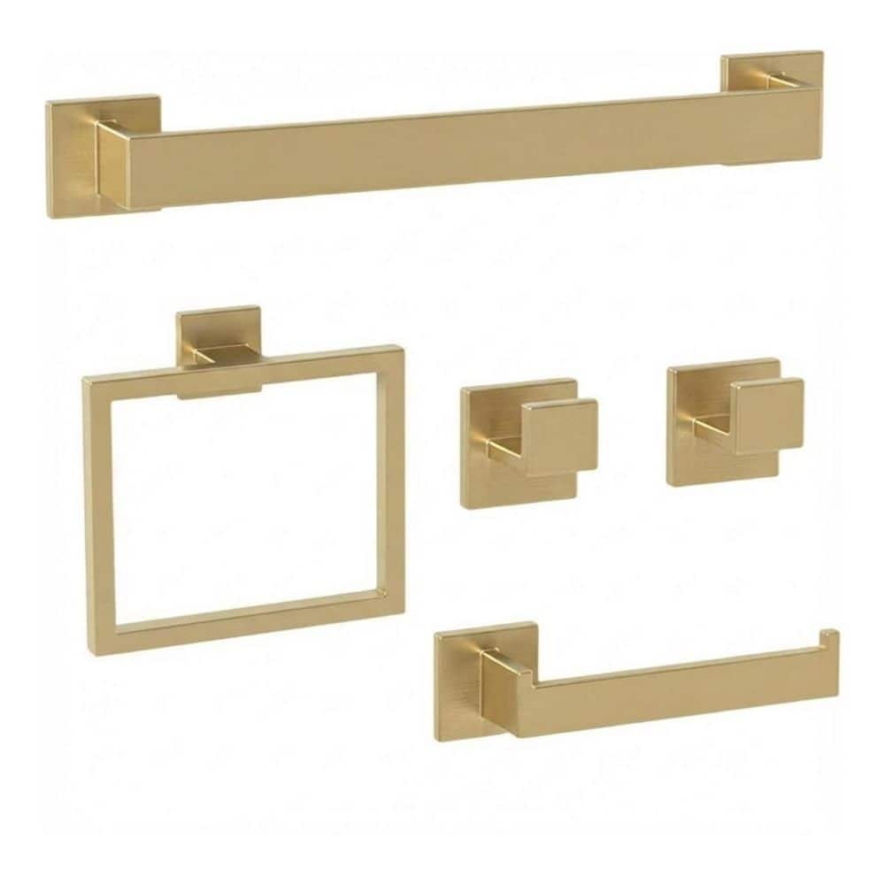 5-Piece Stainless Steel Bath Hardware Set in Gold with 16 in. Towel Bar, Towel Ring, Toilet Paper Holder, Towel Hooks price history on PriceWatchPro