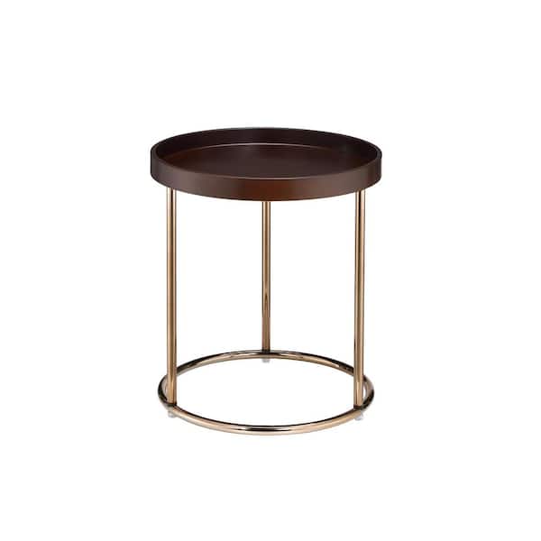 ORE International 18.5 in. x 21.75 in. Espresso Round Wood Edie Mid-Century Lipped Edge Side Table with Copper Legs