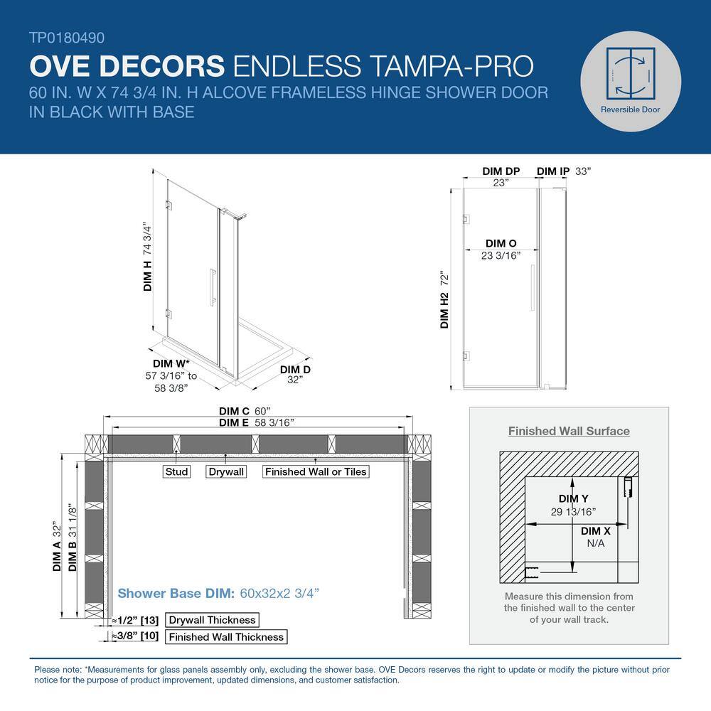Tampa-Pro 60" Black Frameless Glass Alcove Shower Kit with Acrylic Base
