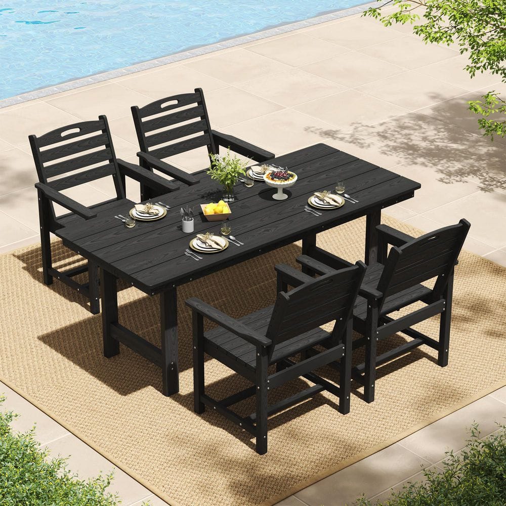 5-Piece Plastic Rectangular Outdoor Dining Set, HDPE Patio Table with Umbrella Hole and 4 HDPE Patio Chairs for Lawn price history on PriceWatchPro