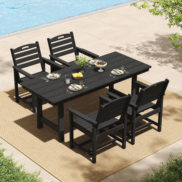 5-Piece Plastic Rectangular Outdoor Dining Set, HDPE Patio Table with Umbrella Hole and 4 HDPE Patio Chairs for Lawn
