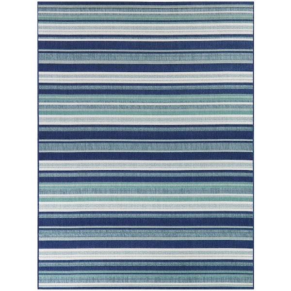 Blue/White 8 ft. x 10 ft. Striped Indoor/Outdoor Area Rug