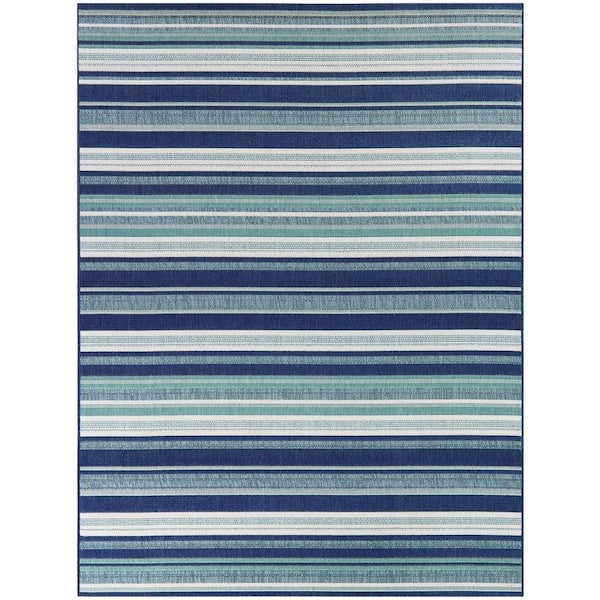 StyleWell Blue/White 5 ft. x 7 ft. Stripes Indoor/Outdoor Patio Area Rug