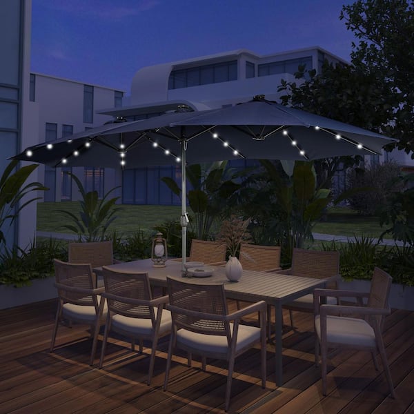 15 ft. Steel Patio Double-Side Market Umbrella with Base and Solar Light with Base in Navy