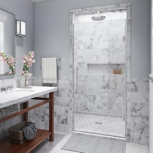 Kinkade 26.75 - 27.25 in. W x 72 in. H Frameless Hinged Shower Door with StarCast Clear Glass in Polished Chrome