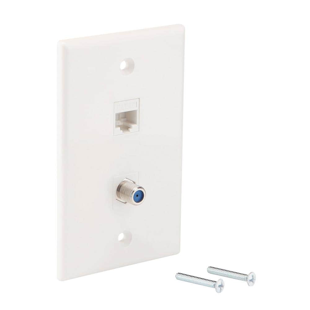 1-Gang White Coaxial and Ethernet Plastic Wall Plate