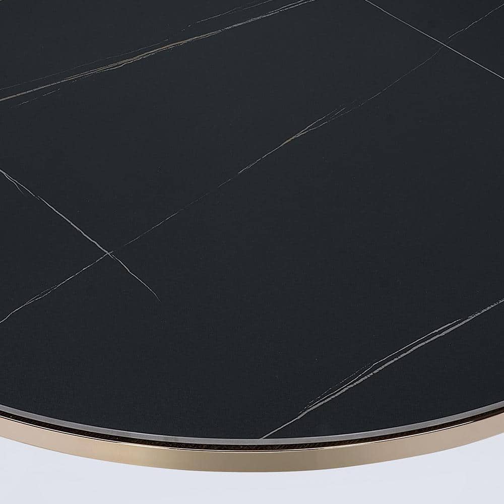 Round Black Sintered Stone and Glass Coffee Table with Champagne Finish