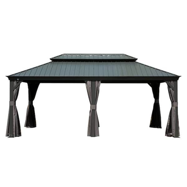12 ft. x 20 ft. Grey Hardtop Large Metal Gazebo with Galvanized Steel Double Roof Canopy Curtains and Netting for Garden