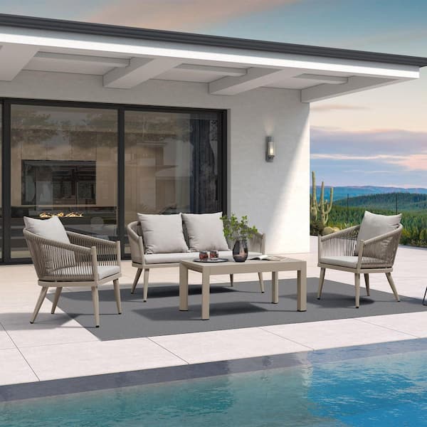 PURPLE LEAF 4-Piece Aluminum All-Weather Wicker Patio Conversation Set with Thick Sofa Cushions, Champagne