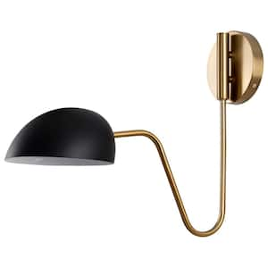 Trilby 7.375 in. 1-Light Matte Black/Burnished Brass Wall Sconce with Matte Black Metal Shade