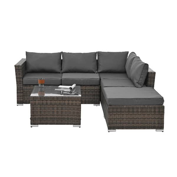Tenleaf 4-Piece Brown Wicker Patio Conversation Set with Gray Cushions, Tempered Glass Coffee Table
