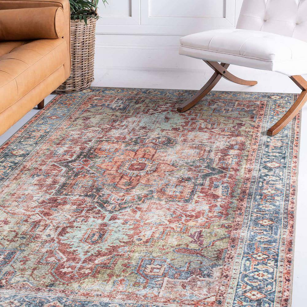Vintage Red and Blue Medallion Washable Synthetic Area Rug