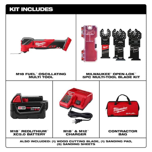 M18 FUEL 18V Brushless Oscillating Multi-Tool Kit w/ 5. 0Ah Battery, Charger, Bag with NITRUS OMT 5-Pc Blade Kit