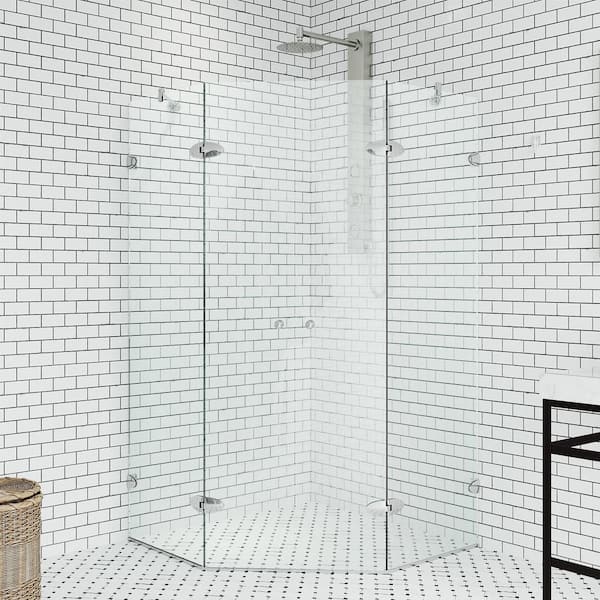 VIGO Gemini 40 in. L x 40 in. W x 73 in. H Frameless Pivot Neo-angle Shower Enclosure in Chrome with 3/8 in. Clear Glass