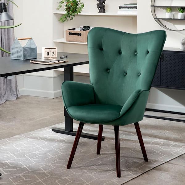 KASR Velvet Upholstered Ergonomic Office Task Chair in Green with Button-Tufted Wingback and Arms