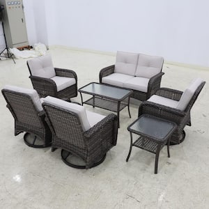 7-Piece Brown Wicker Patio Sofa Set Loveseat and 4 Swivel Rockers with Beige Cushions, Side Table and Coffee Table