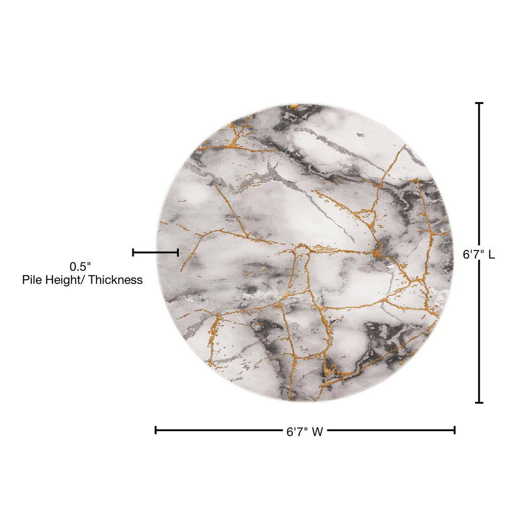 Gray and Gold Abstract Round Synthetic Area Rug, 6'7"