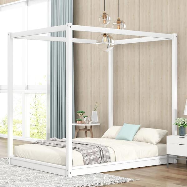 Harper And Bright Designs White Wood Frame Full Size Canopy Bed With