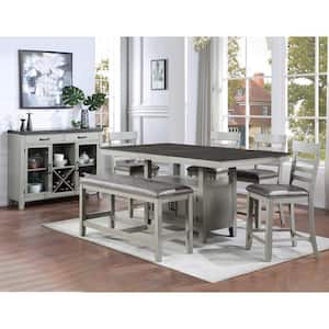 Hyland Gray Wood Counter Height Dinning Set with 4-Upholstered Chairs, 1-Upholstered Bench and Buffet Server 7-Piece