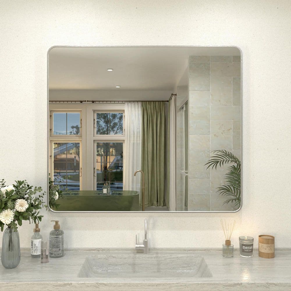 Kielo 42 in. W x 36 in. H Rectangular Framed Wall Bathroom Vanity Mirror in Brushed Nickel price history on PriceWatchPro