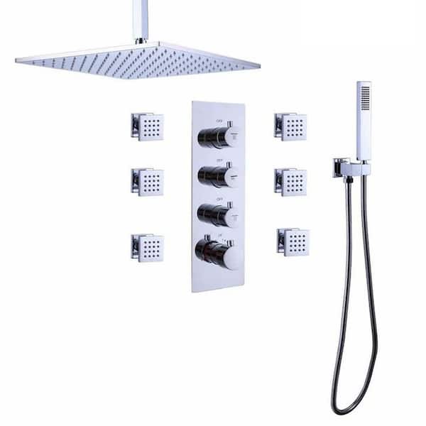 1-Spray Dual Shower Head Wall Ceiling Mount Thermostatic Fixed and Handheld Shower Head 1.8 GPM in Chrome