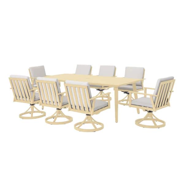 AluLux Light Brown Wood 9-Piece Aluminum Outdoor Dining Set with 8 Swivel Dining Chairs and Beige Cushions