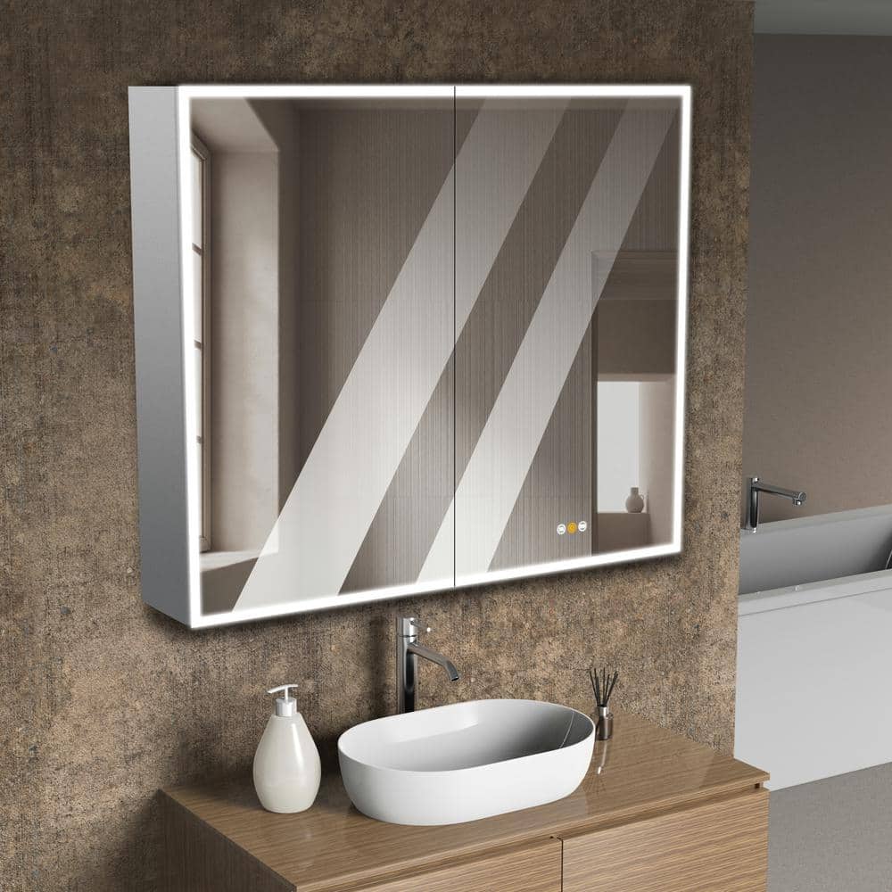Large Gray Aluminum Surface Mount Medicine Cabinet with LED Mirror
