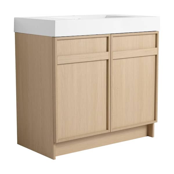 36 in. Single Sink Freestanding Oak Bath Vanity with White Resin Top, Adjustable Shelf, Sewer Cover