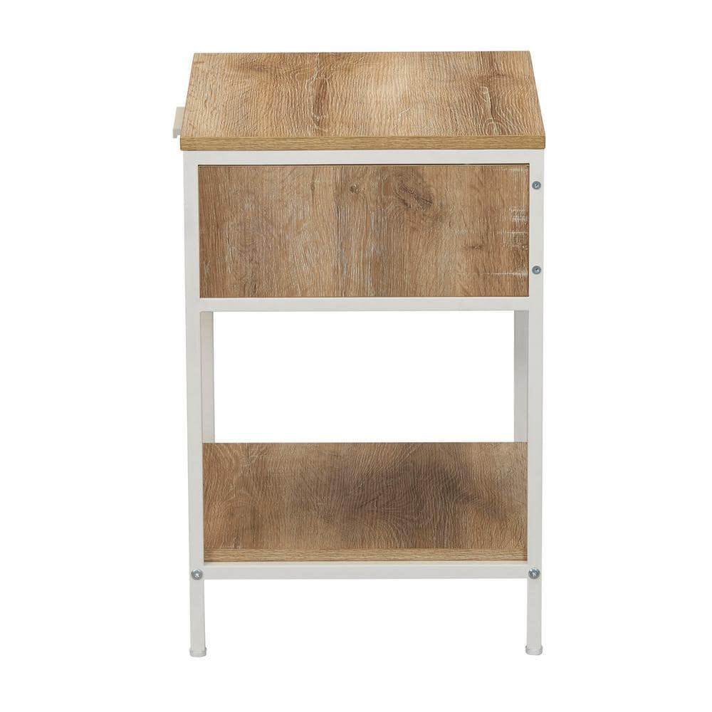 Coastal Oak Square End Table with Rattan Drawer and Metal Frame