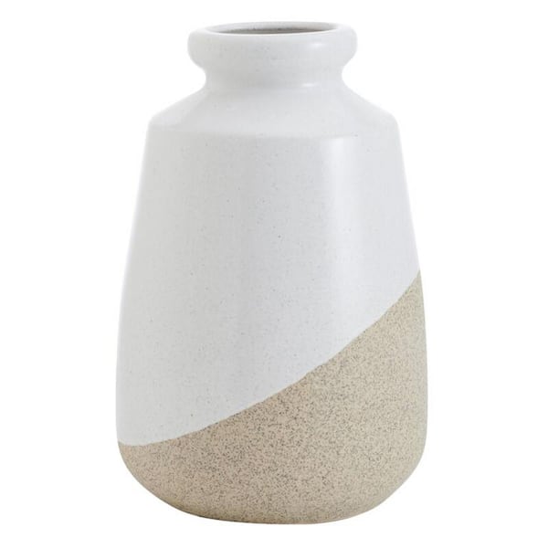 Elements 7.28 x 7.28 x 11.22 in. White and Tan Ceramic Vase, Display with Faux or Dried Flowers and Greenery, Natural
