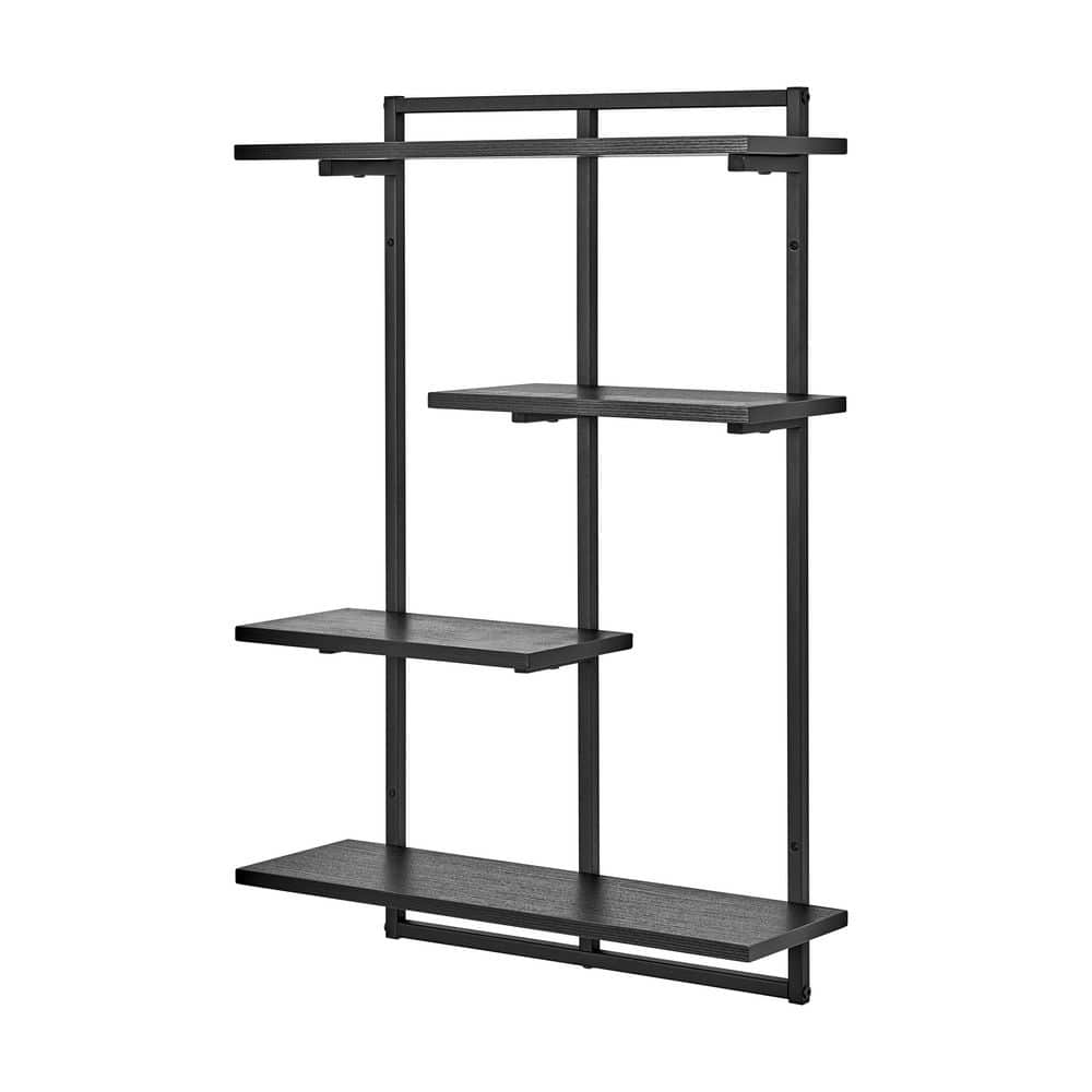 Rhodes Black Iron and Wood 4-Tier Floating Wall Shelf Unit