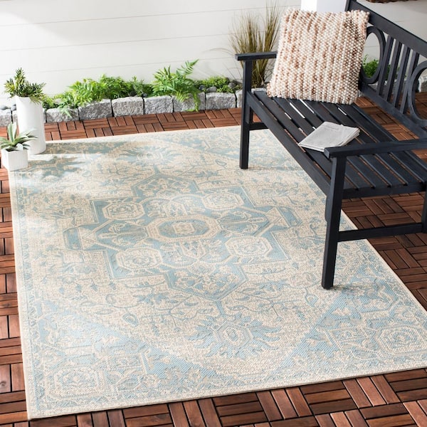 Beach House Aqua/Cream Doormat 3 ft. x 5 ft. Geometric Indoor/Outdoor Patio Area Rug