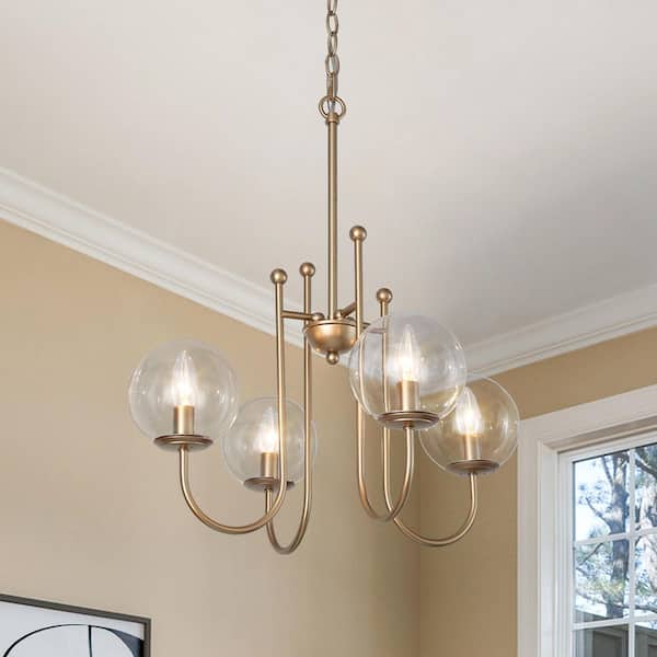 4-Light Modern Mid-Century Gold Dining Room Chandelier with Globe Glass Shades, Transitional Kitchen Island Chandelier