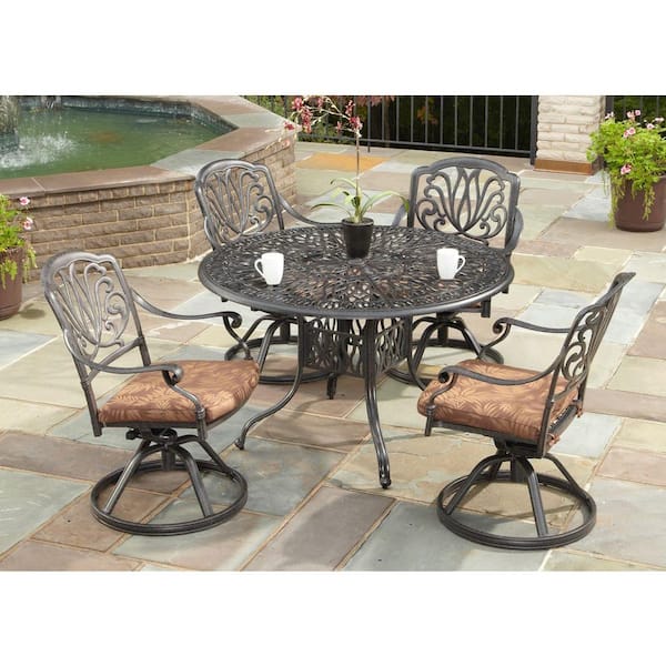 HOMESTYLES Floral Blossom 42 in. Round 5-Piece Swivel Patio Dining Set with Burnt Sierra Leaf Cushions