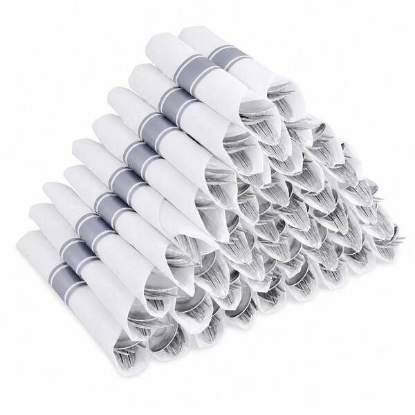 50 Pack Pre Rolled Silver Plastic Silverware Sets, Heavy Duty Disposable Utensils with Napkins for Wedding Party