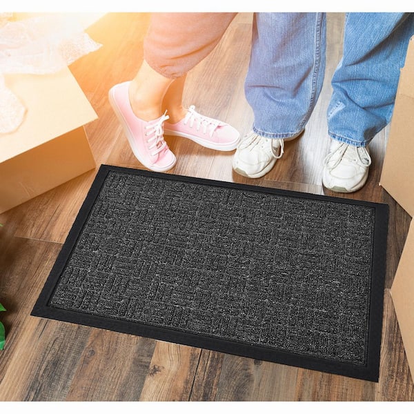 Evideco Outdoor Front Door Mat Checkerboard Yvan Polypropylene Rubber Rug 16 in. x 24 in. Grey