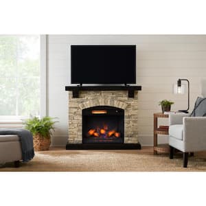 Pembroke 50 in. Freestanding Faux Stone Infrared Electric Fireplace in Tan with Mantel