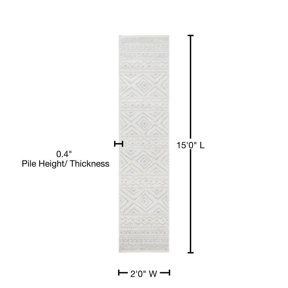 Ivory and Light Grey Geometric Runner Rug, 2' x 15'