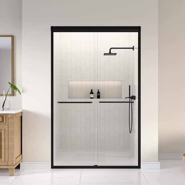 48 in. W x 72 in. H Double Sliding Framed Shower Door in Matte Black with SGCC 1/4 in. (6 mm) Tempered Clear Glass