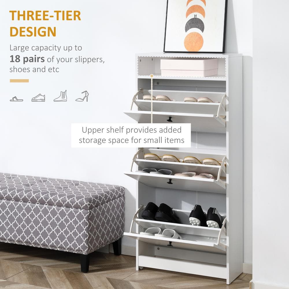 White Slim Wooden Shoe Cabinet with 3 Fold-Out Drawers