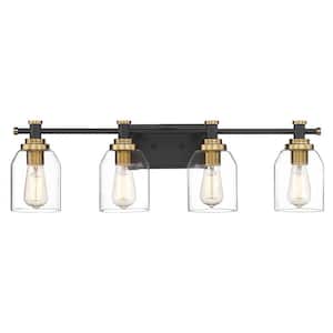 29.5 in. 4 Light Black and Gold Indoor Bedroom Vanity Light Wall Sconce Light with Clear Glass Shade