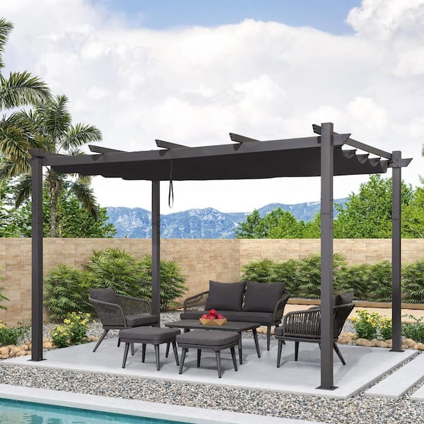 PURPLE LEAF 10 ft. x 13 ft. Gray Aluminum Frame Outdoor Patio Pergola Gazebo with Gray Retractable Sun Shade Canopy for Backyard