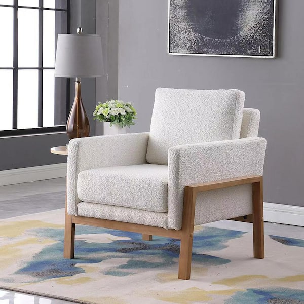 Cream Boucle Traditional Wood Frame Accent Chair (Set of 1)