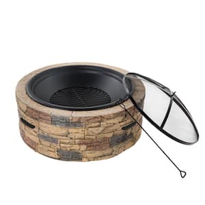 35 in. x 20.5 in. Round Cast Stone Wood Burning Fire Pit, Natural Stone