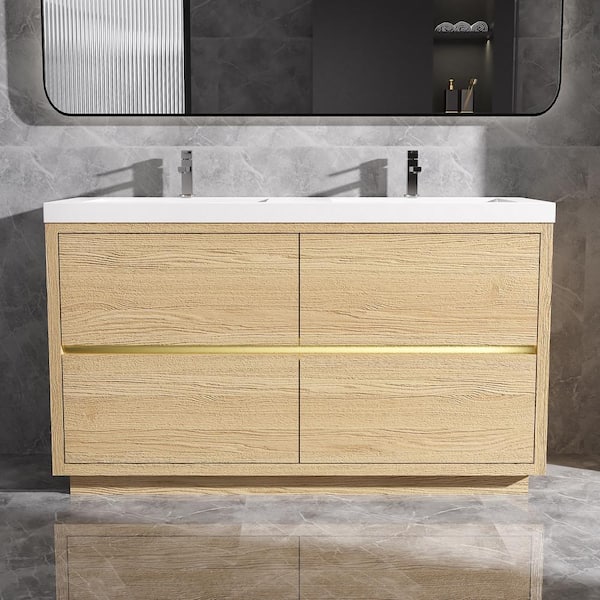 60 in. Freestanding Bath Vanity in Natural Oak with Double Solid Surface Sink Top in White